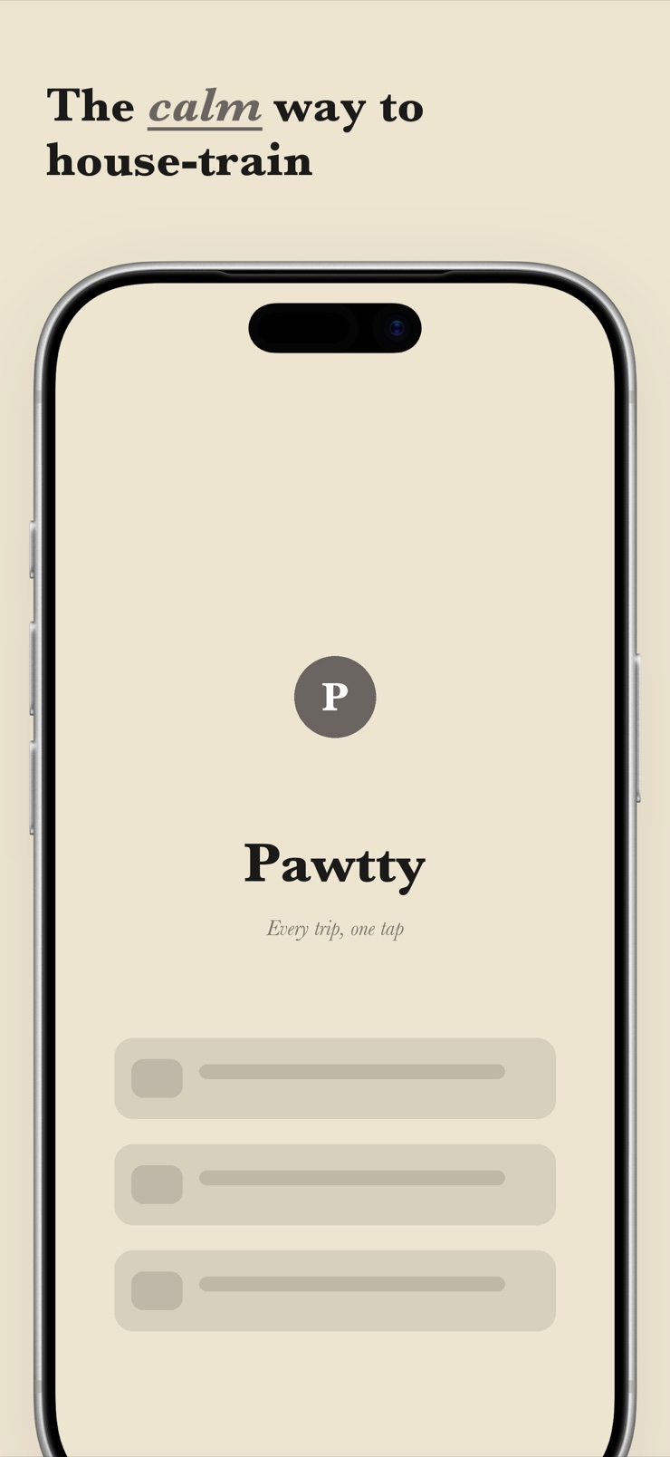 Pawtty puppy potty log on iPhone showing the time-since-last-potty ring with hand-drawn ink puppy illustration