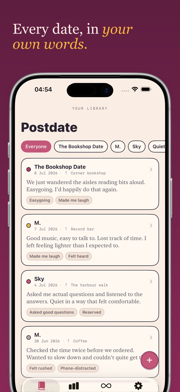 Dating journal library with entries for each date