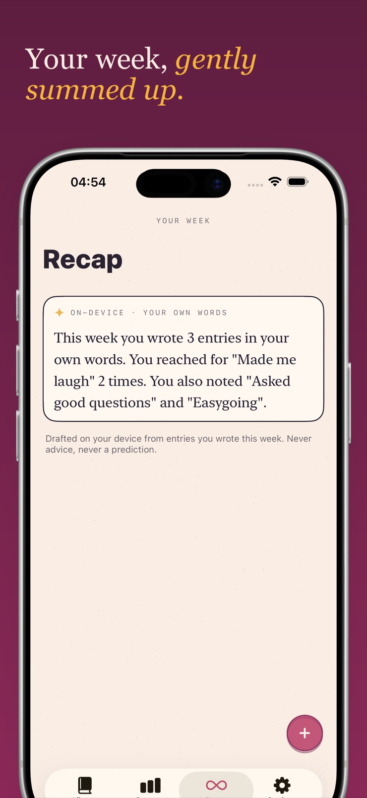 Weekly on-device recap summarizing your dating journal