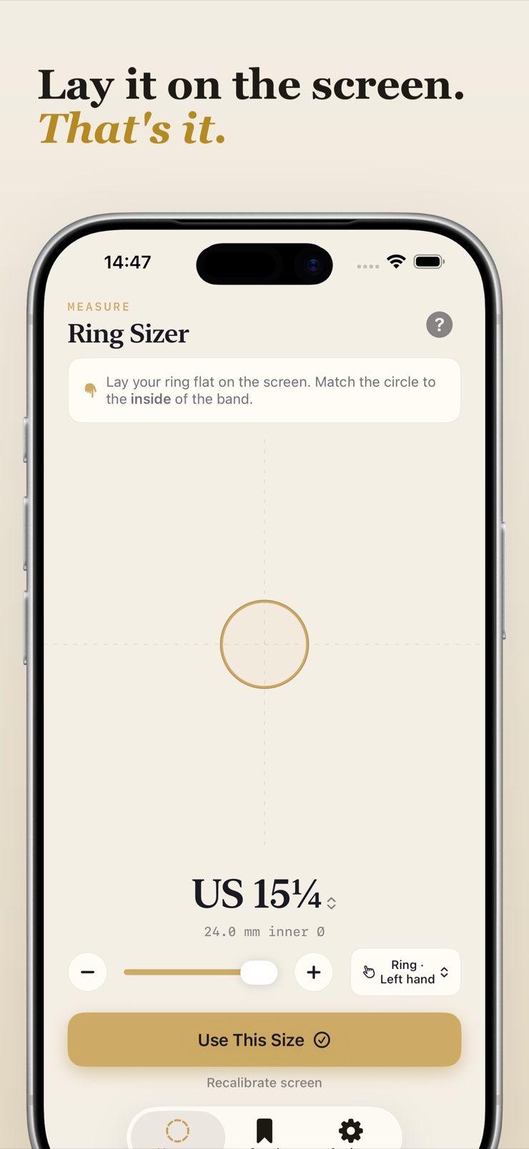 Ring laid flat on the iPhone screen matched to the sizing circle