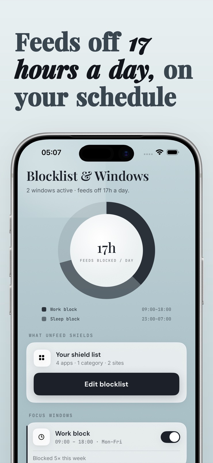 Focus Window schedule raising the shield during work and sleep hours