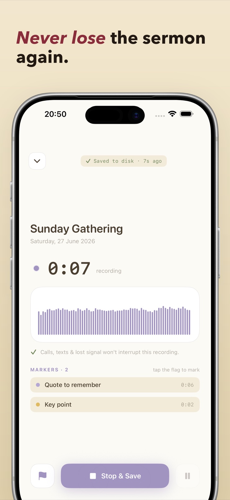 Pulpit Pal sermon notes app on iPhone recording a sermon with colored audio markers
