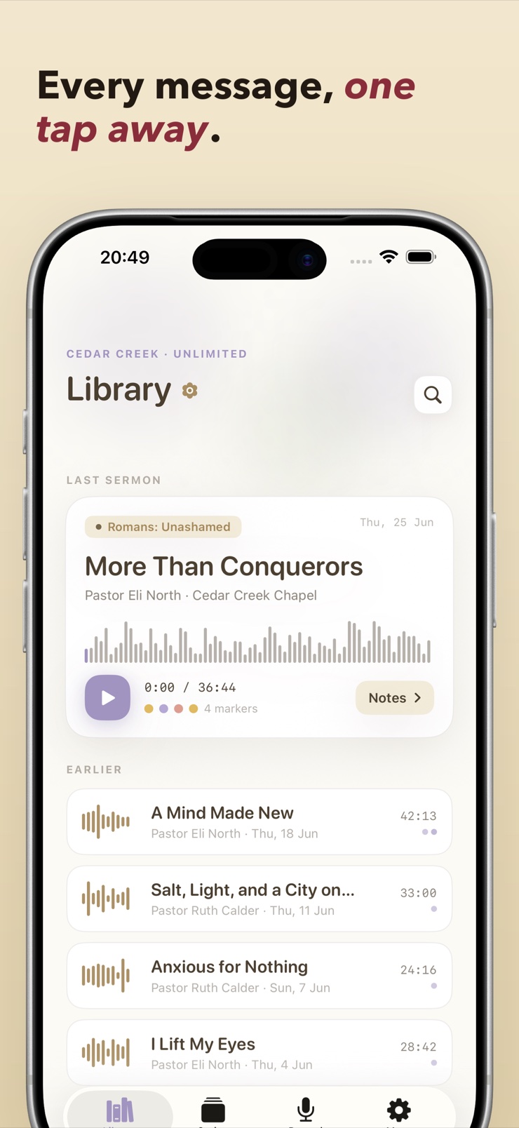 Pulpit Pal sermon library on iPhone with every recorded message one tap away