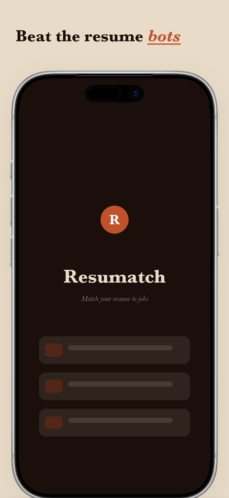 Resumatch ATS resume checker on iPhone showing the estimated keyword match score with matched and missing term chips