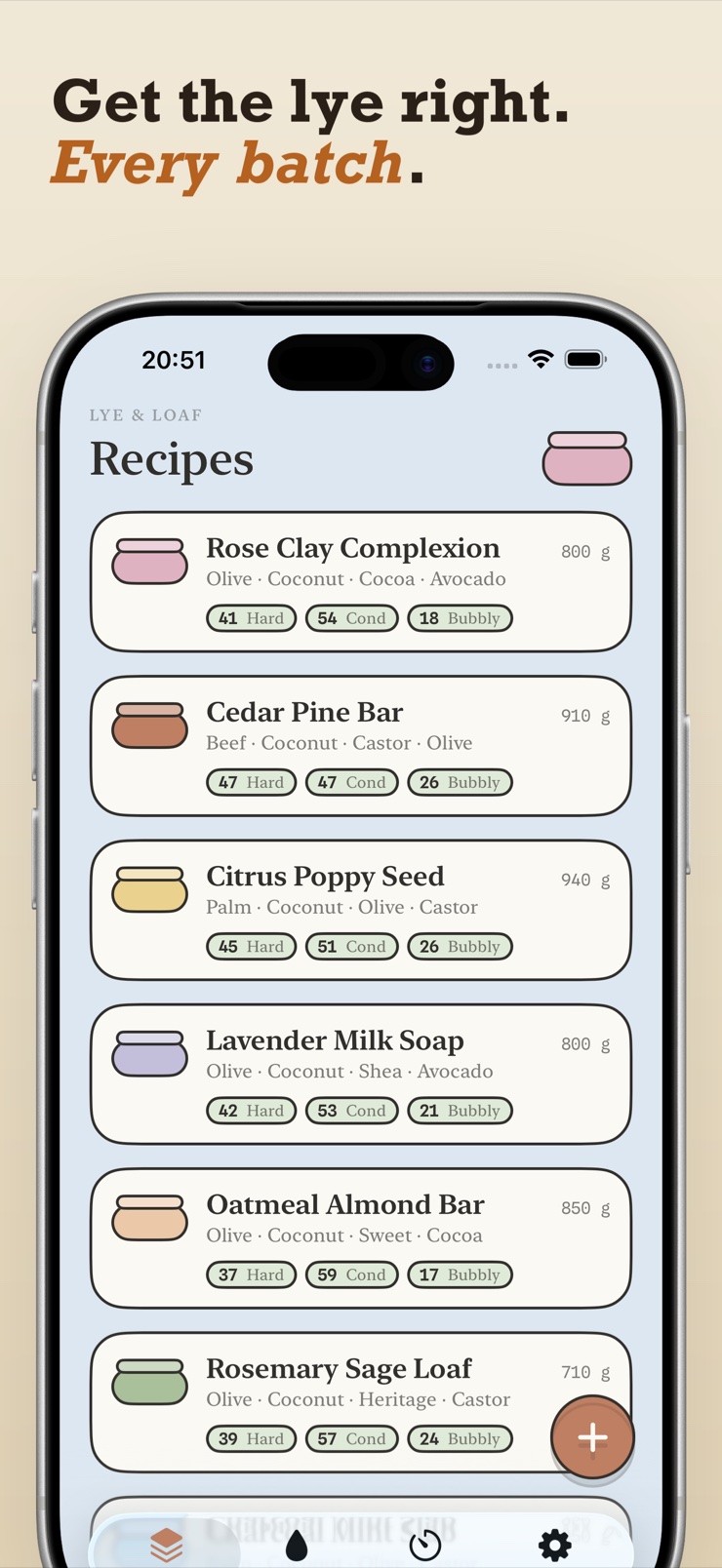Lye & Loaf recipe list showing saved cold process soap batches