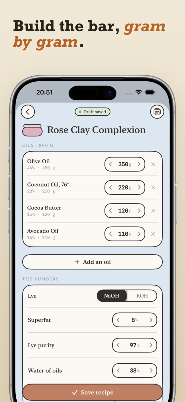 Cold process soap recipe editor with live lye and superfat calculation