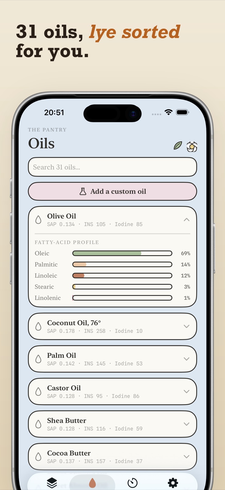 Oil library with saponification values for 31 soap making oils