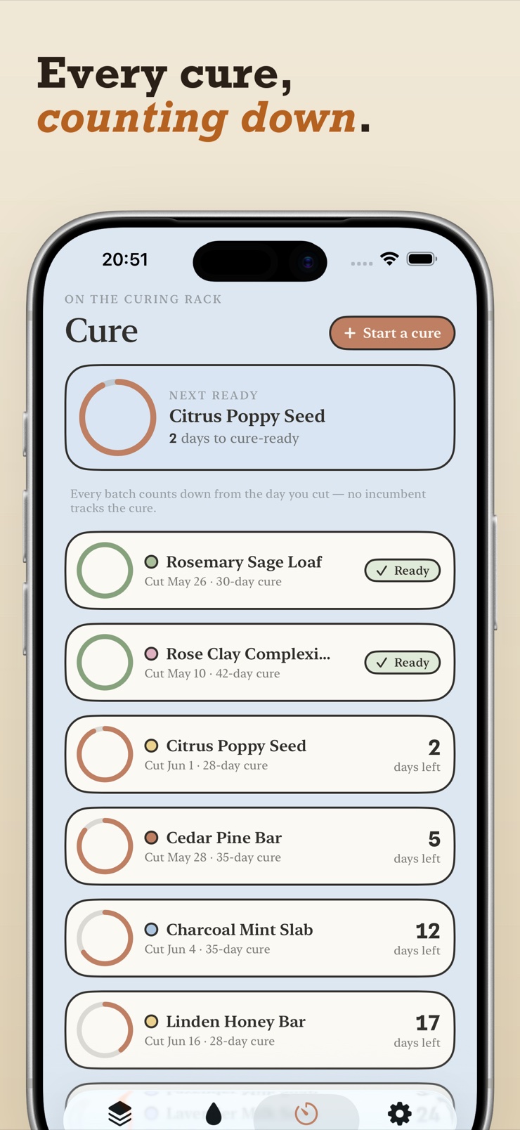 Cure tracker screen with countdown to fully cured soap batch