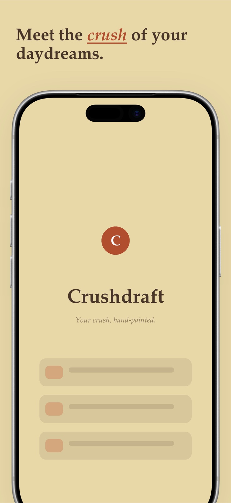 Crushdraft start screen with painted window frame and vibe prompts for an AI soulmate sketch