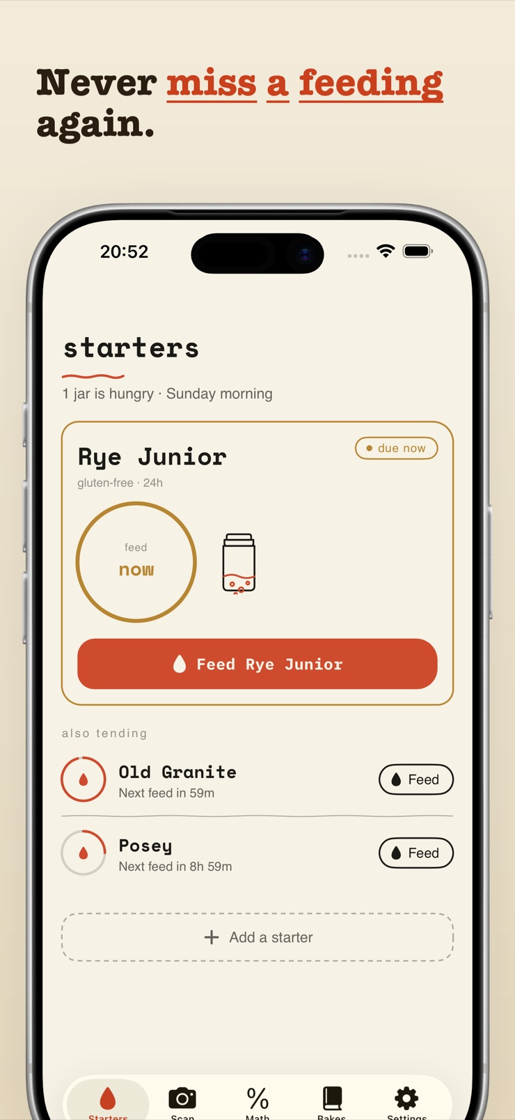 Boule sourdough starter tracker showing feeding countdowns for multiple starters