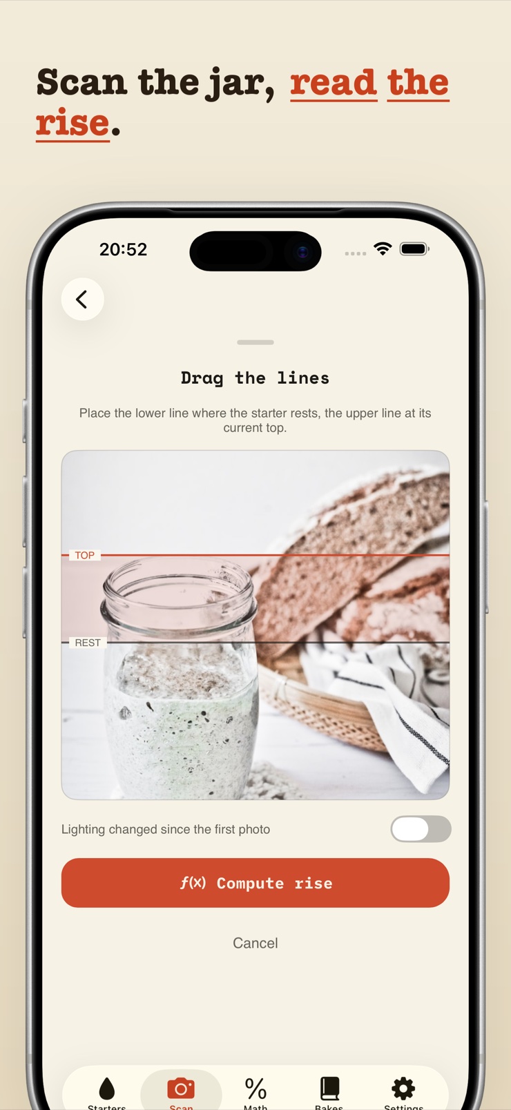 Scanning a sourdough starter jar with the camera to measure rise