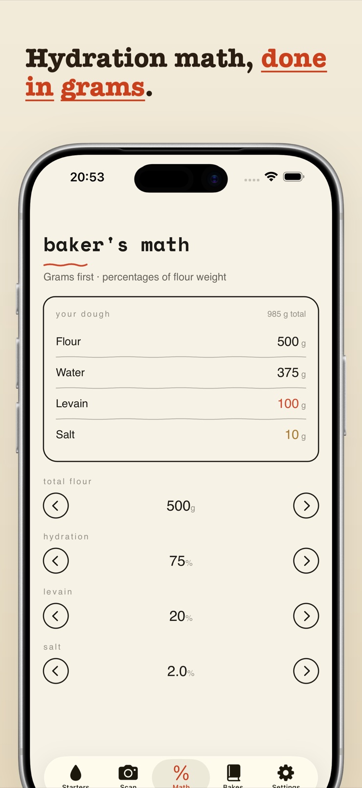 Baker's percentage calculator showing flour, water, levain and salt in grams
