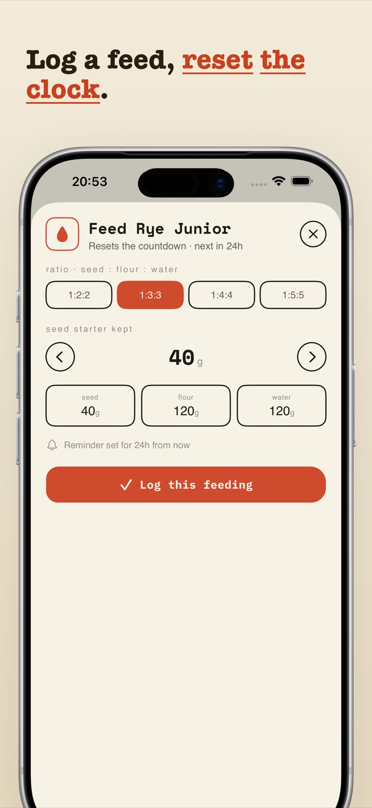 Logging a starter feeding to reset the countdown