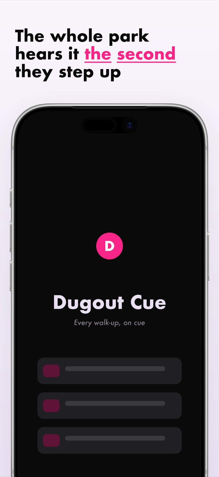 Walk-up song player on iPhone showing the current batter card and a large play button