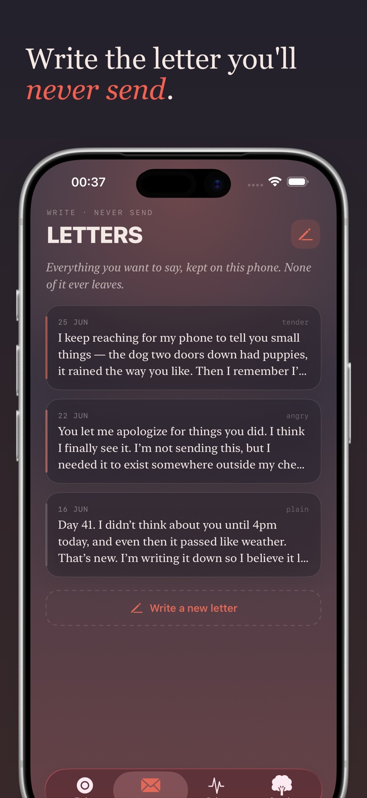 Unsent letters screen with a letter you write but never send